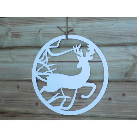 White powder-coated metal wall art featuring a deer silhouette in a circular frame, handmade in Ireland