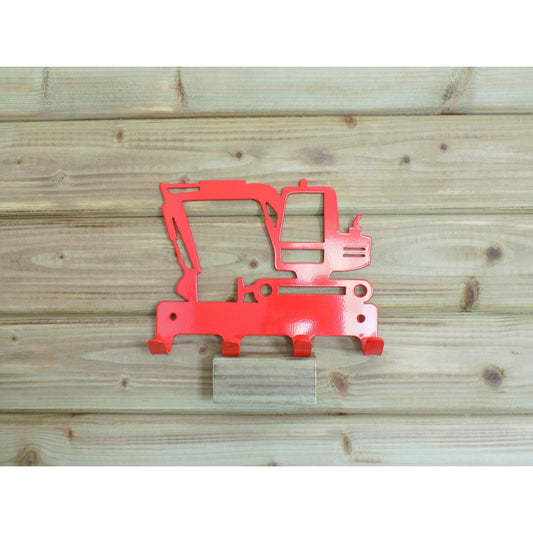 Digger metal wall hook with four hooks, red powder-coated finish, handmade in Ireland