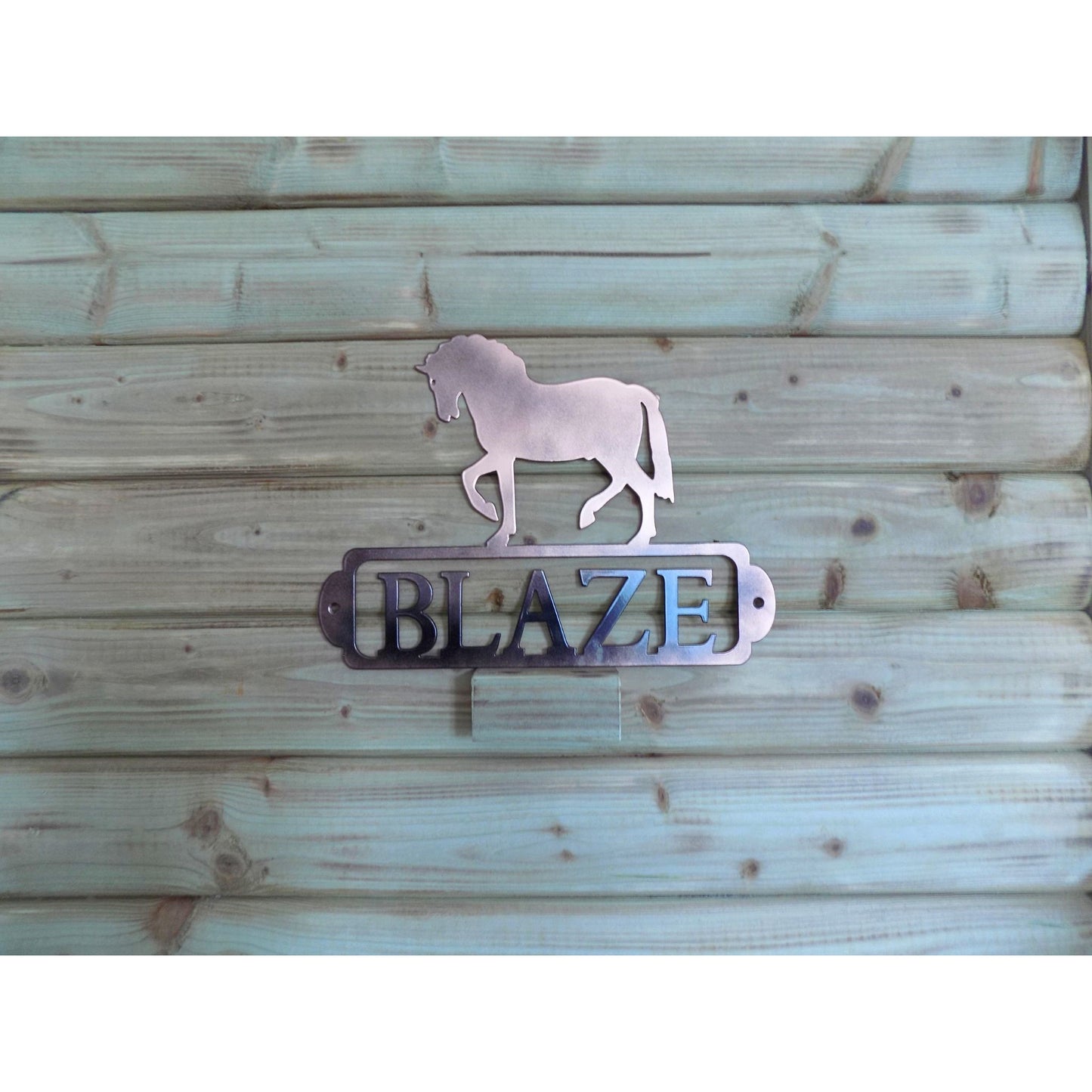 Bronze and black horse silhouette with framed name blaze