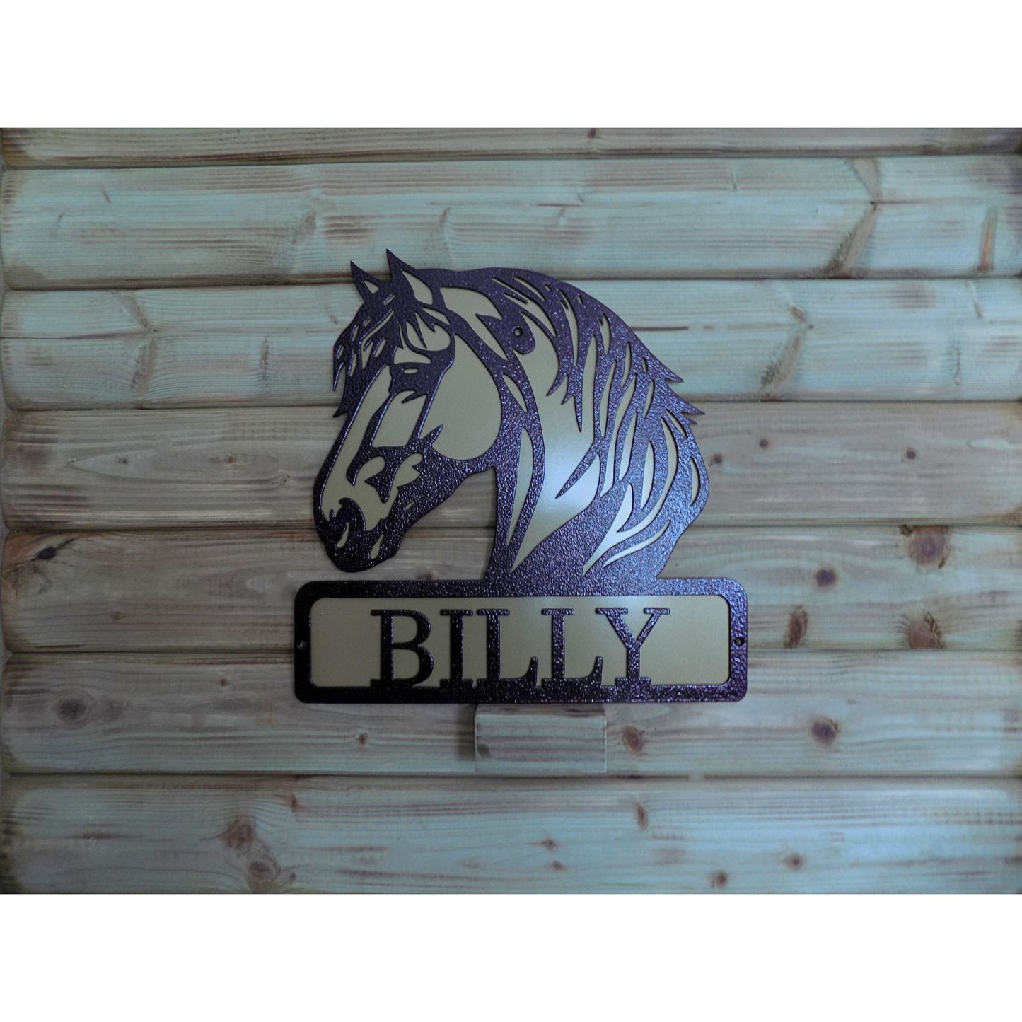 metal horse head sign wih text 'Billy' bronze on gold backing plate