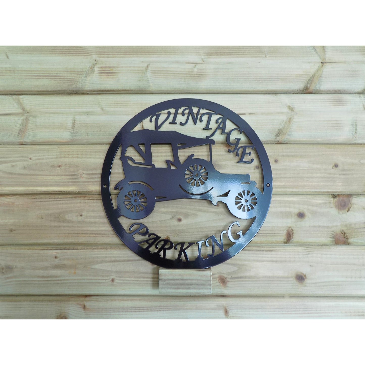 Round metal “Vintage Parking” sign with vintage car silhouette, black powder-coated finish, handcrafted in Ireland