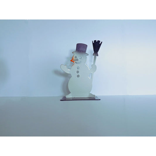 Handcrafted metal snowman ornament with bronze hat and broom, Irish-made durable Christmas decoration for indoor or outdoor use,white background