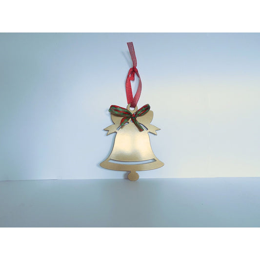 Gold metal bell wall hanging with glitter red hanging ribbon and green-red decorative Christmas bow.