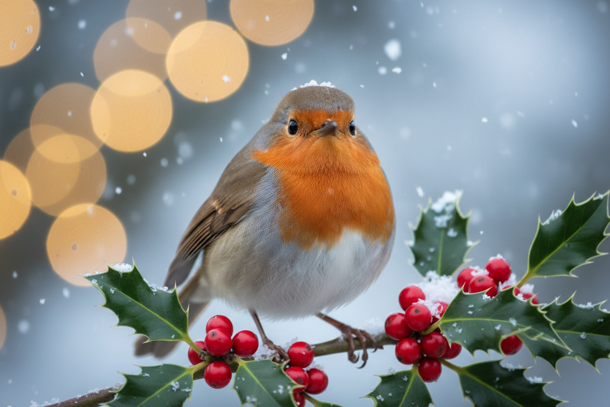 christmas robin on holly with berrys