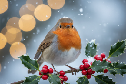 christmas robin on holly with berrys