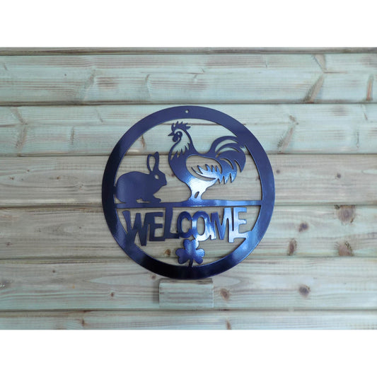 Round cockerel and rabbit welcome metal wall art with shamrock in black finnish