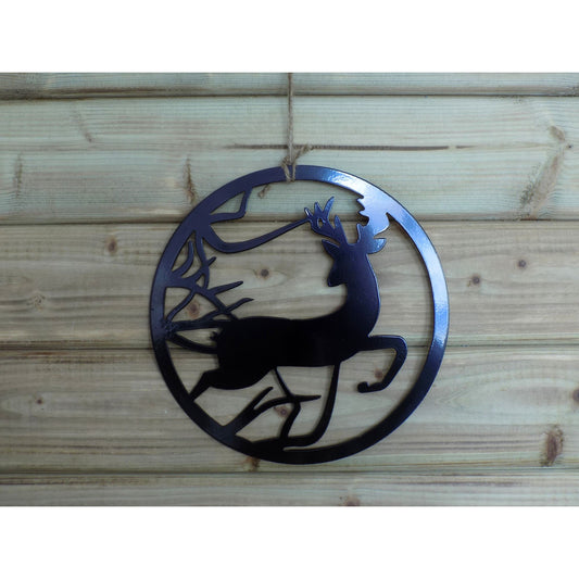 black powder-coated metal wall art featuring a deer silhouette in a circular frame, handmade in Ireland.