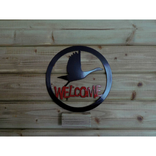 Round flying swan welcome metal wall art in black / red finish