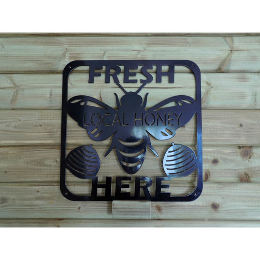 Fresh Local Honey metal sign with bee and beehives design