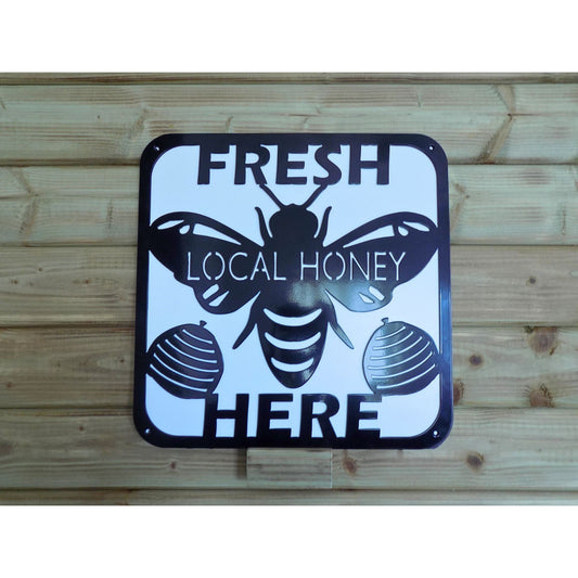 Fresh Local Honey black metal sign with bee and beehives design white backing plate
