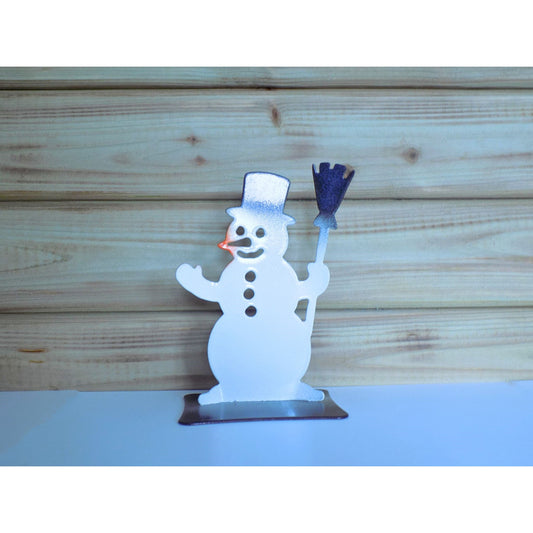 Handcrafted metal snowman ornament with bronze hat and broom, Irish-made durable Christmas decoration for indoor or outdoor use.