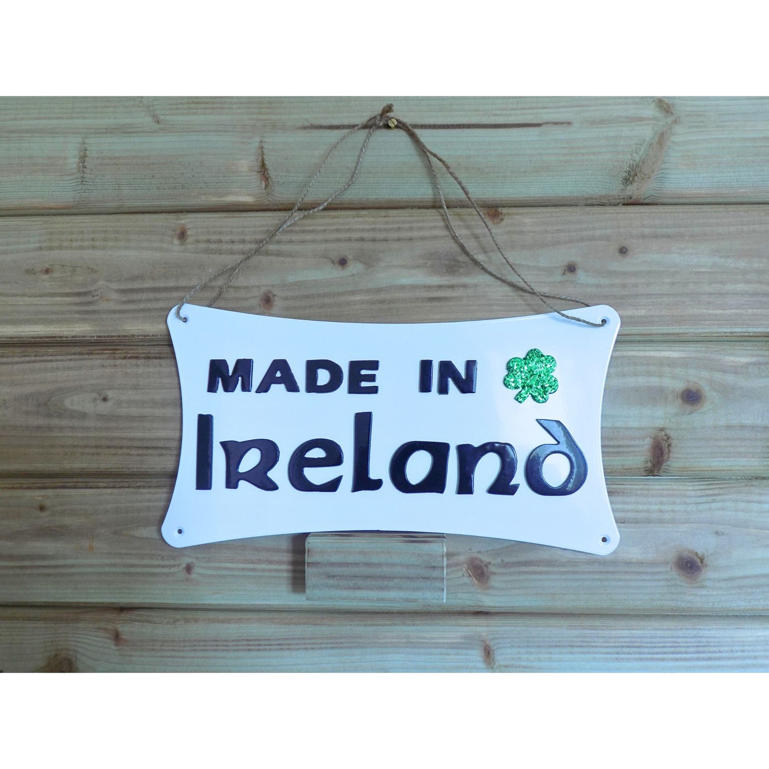 Made in Ireland metal wall sign white with green glitter shamrock, handcrafted steel plaque