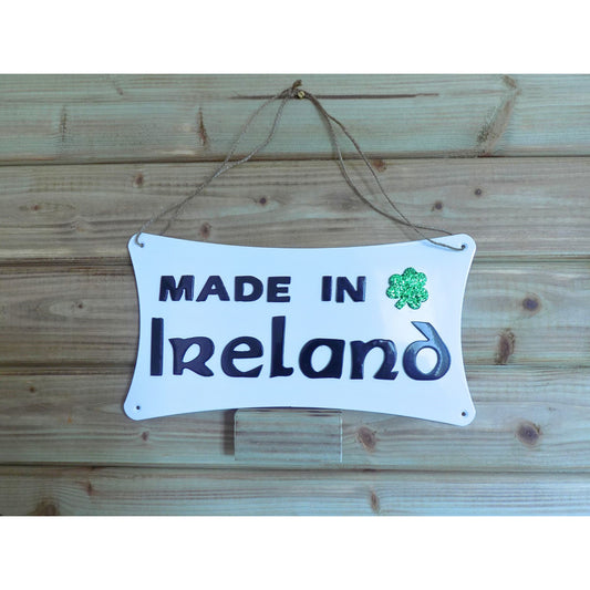 Made in Ireland metal wall sign white with green glitter shamrock, handcrafted steel plaque