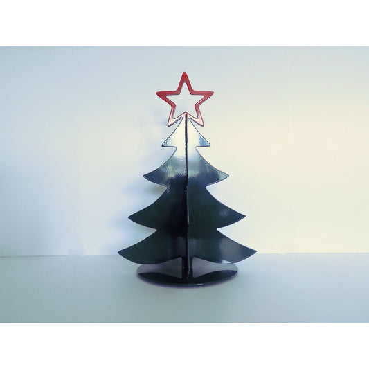 dark green metal christmas tree ornament featuring a red star on top