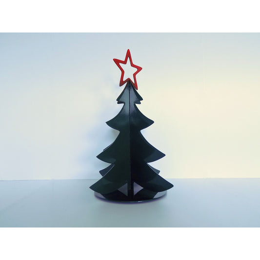 dark green metal christmas tree ornament featuring a red star on top sideview