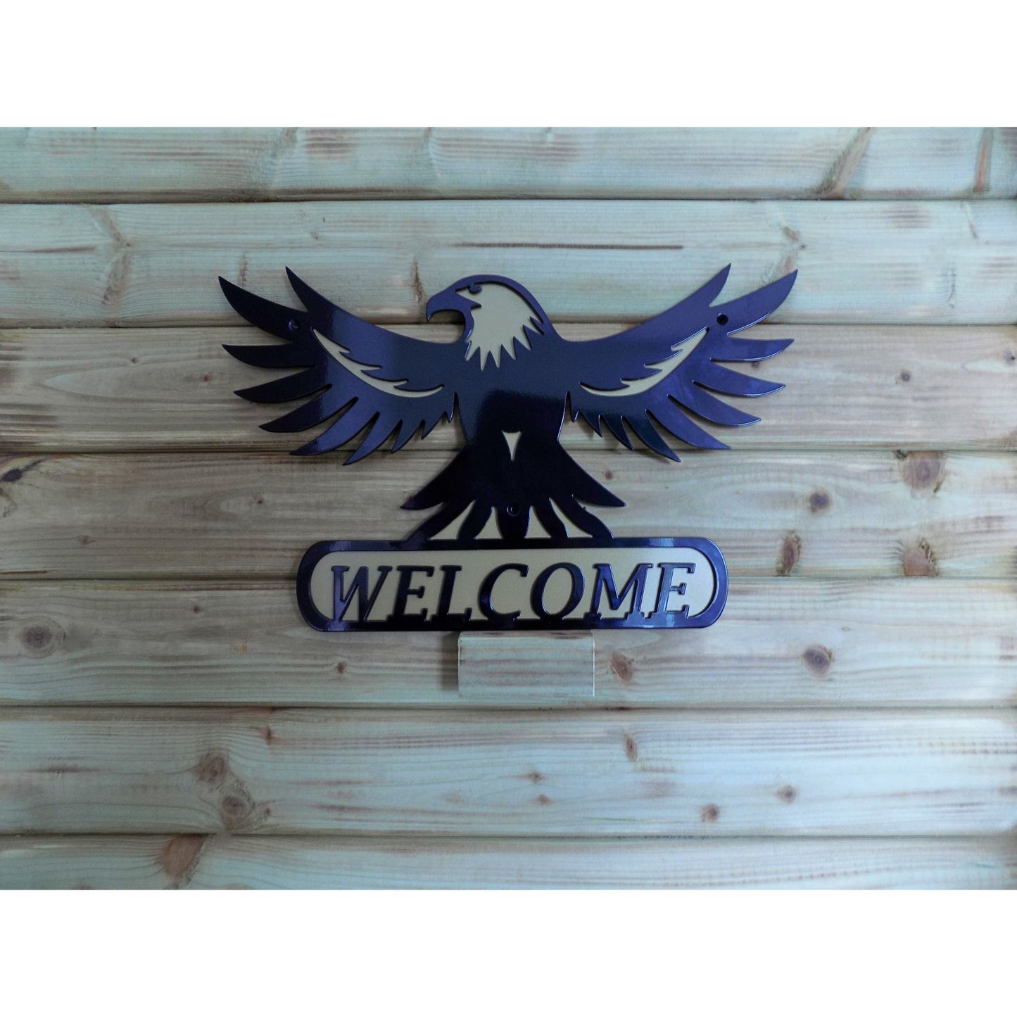 Black and gold metal eagle welcome sign made from heavy-duty steel, suitable for indoor or outdoor display