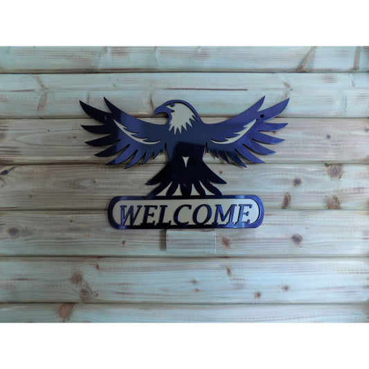 Black and gold metal eagle welcome sign made from heavy-duty steel, suitable for indoor or outdoor display