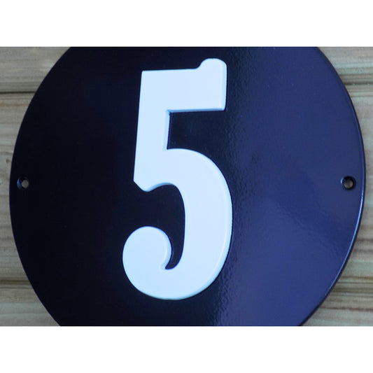 Round Black Metal House Number 5 Sign –  close up - Outdoor Home Address Plaque
