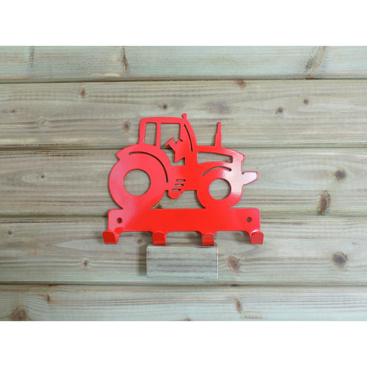 Children’s tractor wall hook in red powder-coated metal with four hooks, handmade in Ireland
