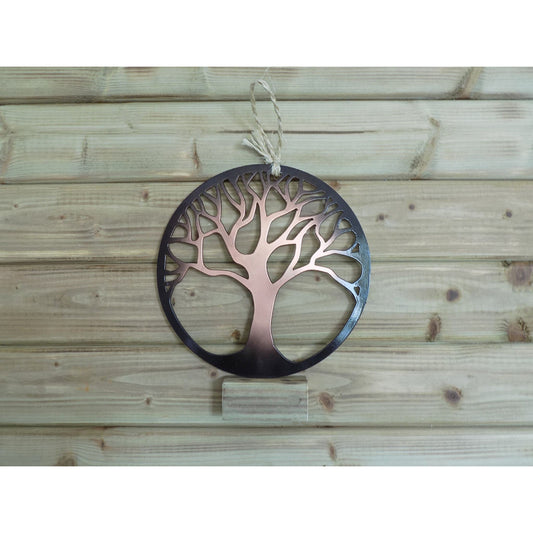 Round Tree of Life metal wall art in black-bronze powder-coated finish, handmade in Ireland