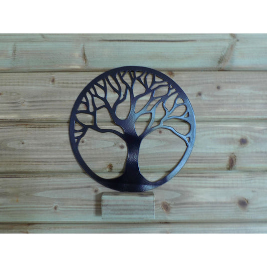 Round Tree of Life metal wall art in black powder-coated finish, handmade in Ireland