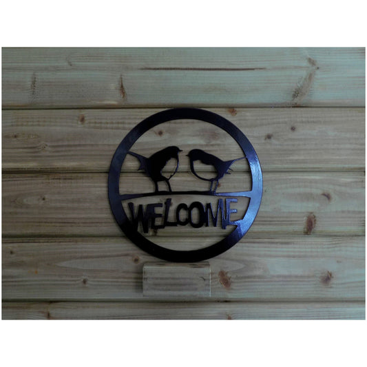 Round two robins welcome metal wall art in black finish