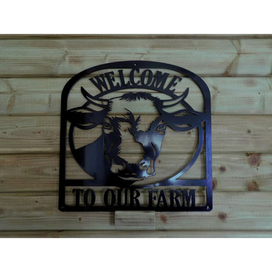Welcome to Our Farm black metal sign with cow silhouette design